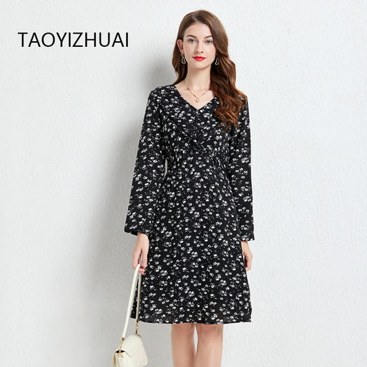 Spring and Autumn New Style V Neck Floral Large Size Black Dress Fashionable Large Swing Slimming Ol Easiest for Match Chiffon Skirt