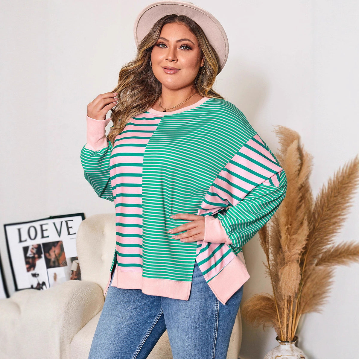 Shiying European and American Cross-Border Large Size Loose Casual Striped Long-Sleeved Sweatshirt New Round Neck Knitted Pullover for Women