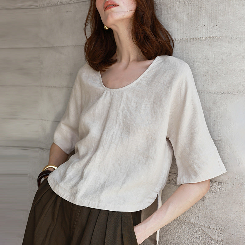 【Clearance Bargain】Olive Green Hemp Top T-Shirt, Big Brand Export, Loose Fit, Half-Sleeve, Cotton-Linen Mid-Sleeve T-Shirt