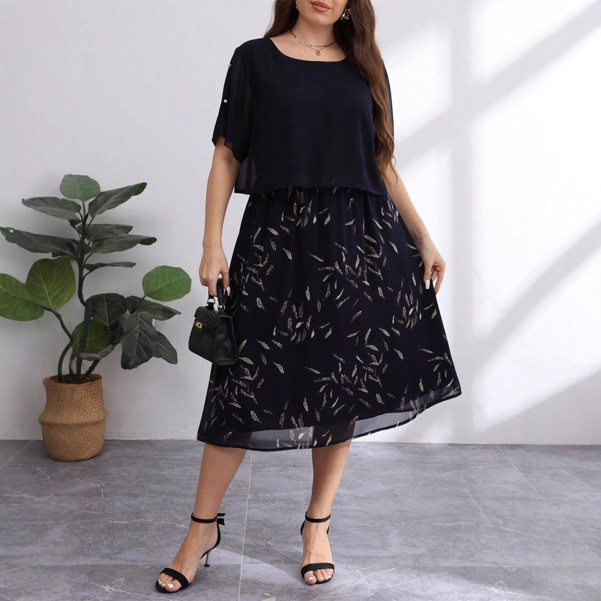 European and American Plus Size 2025 Autumn and Summer New Cross-Border E-Commerce Plus Size Short-Sleeved Belly-Covering Chiffon Dress Supports Drop Shipping