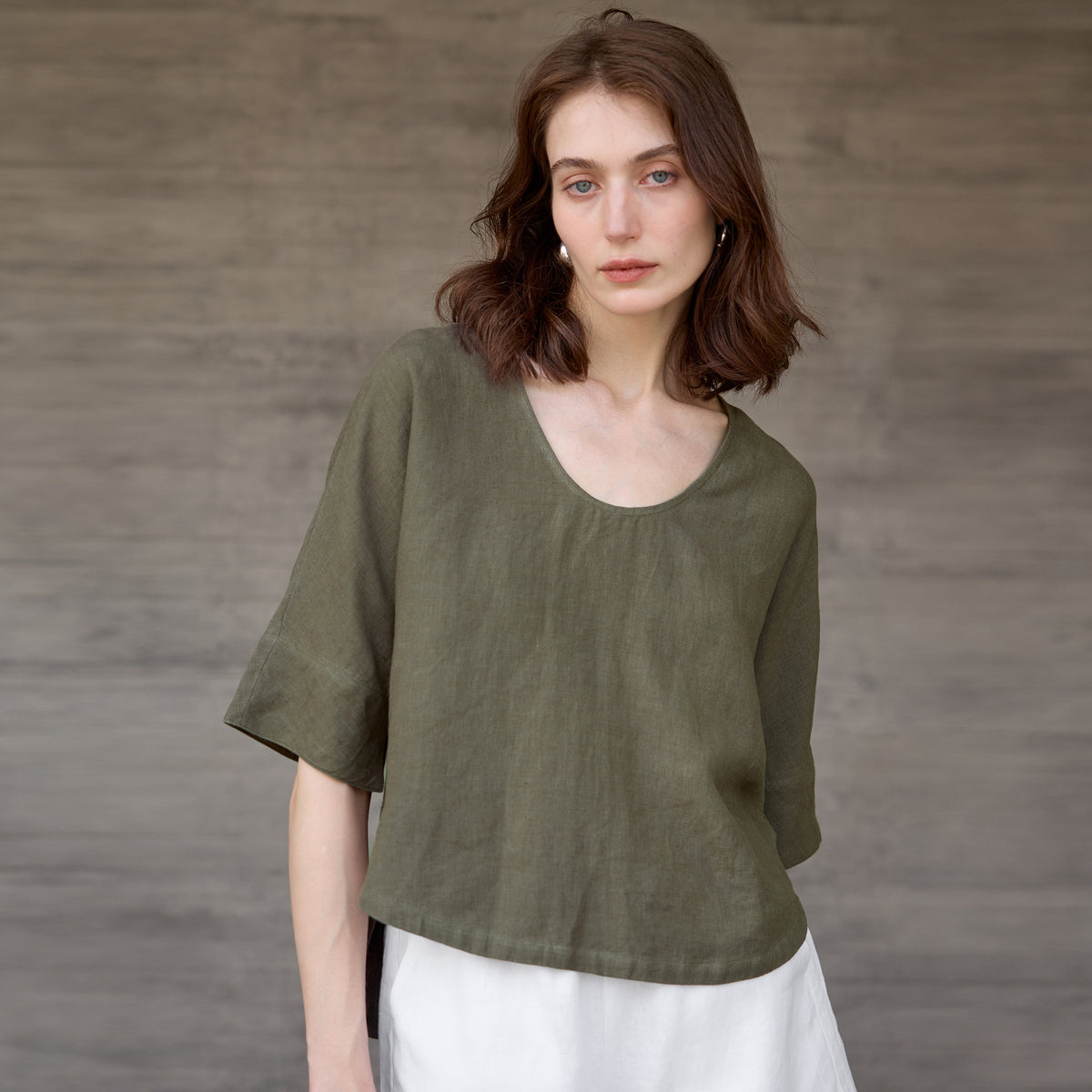 【Clearance Bargain】Olive Green Hemp Top T-Shirt, Big Brand Export, Loose Fit, Half-Sleeve, Cotton-Linen Mid-Sleeve T-Shirt
