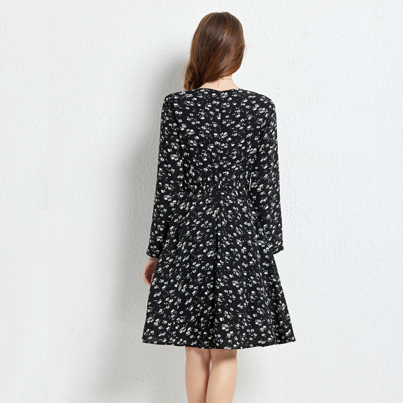 Spring and Autumn New Style V Neck Floral Large Size Black Dress Fashionable Large Swing Slimming Ol Easiest for Match Chiffon Skirt