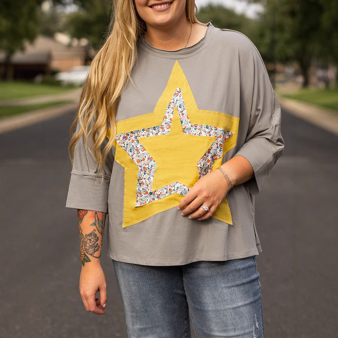 Shiying European and American Retro Washed Distressed Large Size T-Shirt Women's Autum New Star Patch Three-Quarter Sleeve Pullover Top