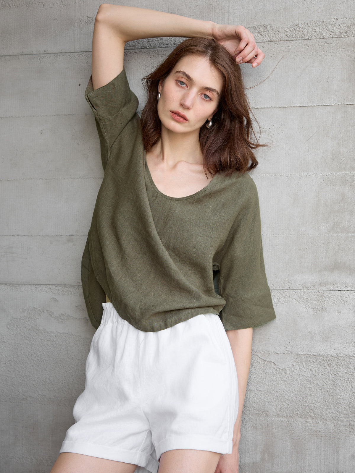 【Clearance Bargain】Olive Green Hemp Top T-Shirt, Big Brand Export, Loose Fit, Half-Sleeve, Cotton-Linen Mid-Sleeve T-Shirt