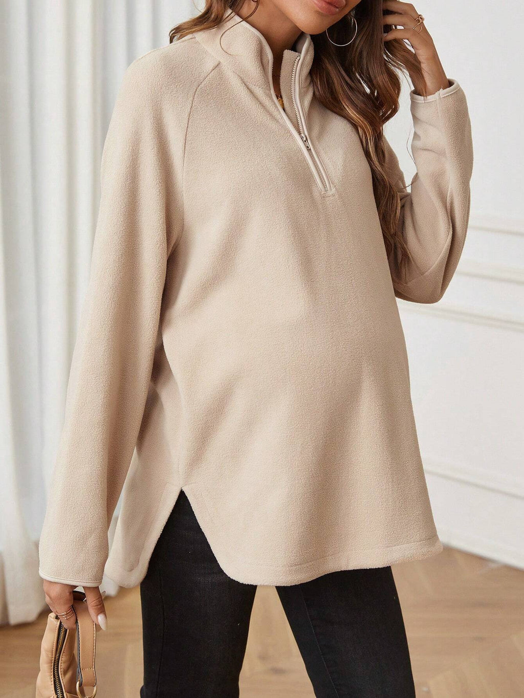 Maternity T-Shirt AutumnWinter Maternity Fashion Solid-Color Zipper Loose-Fit Long-Sleeve T-Shirt