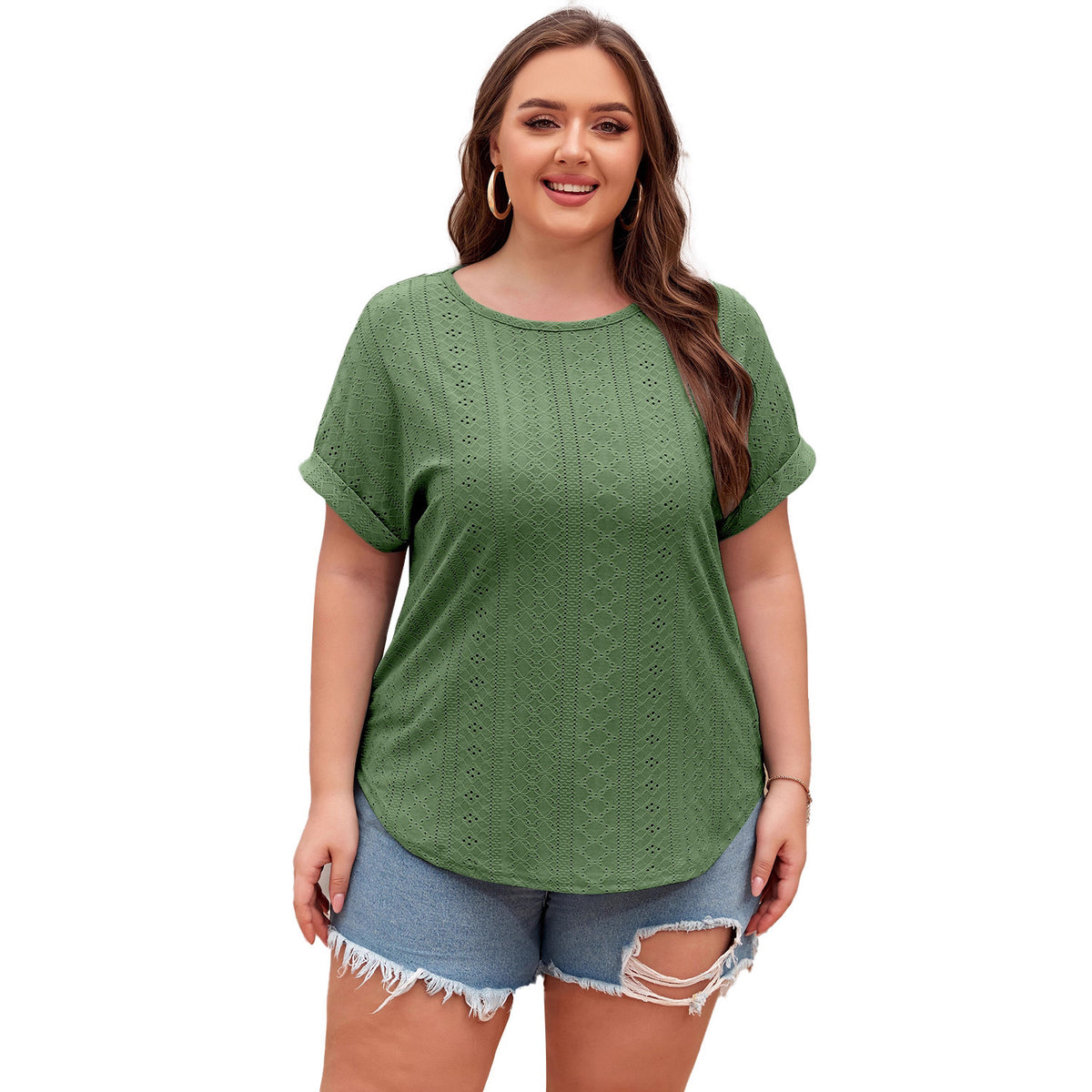 Shiying Pure Color Large Size Casual T-Shirt Women's Jacquard Knitwear Textured Pullover Cross-Border Women's New Style