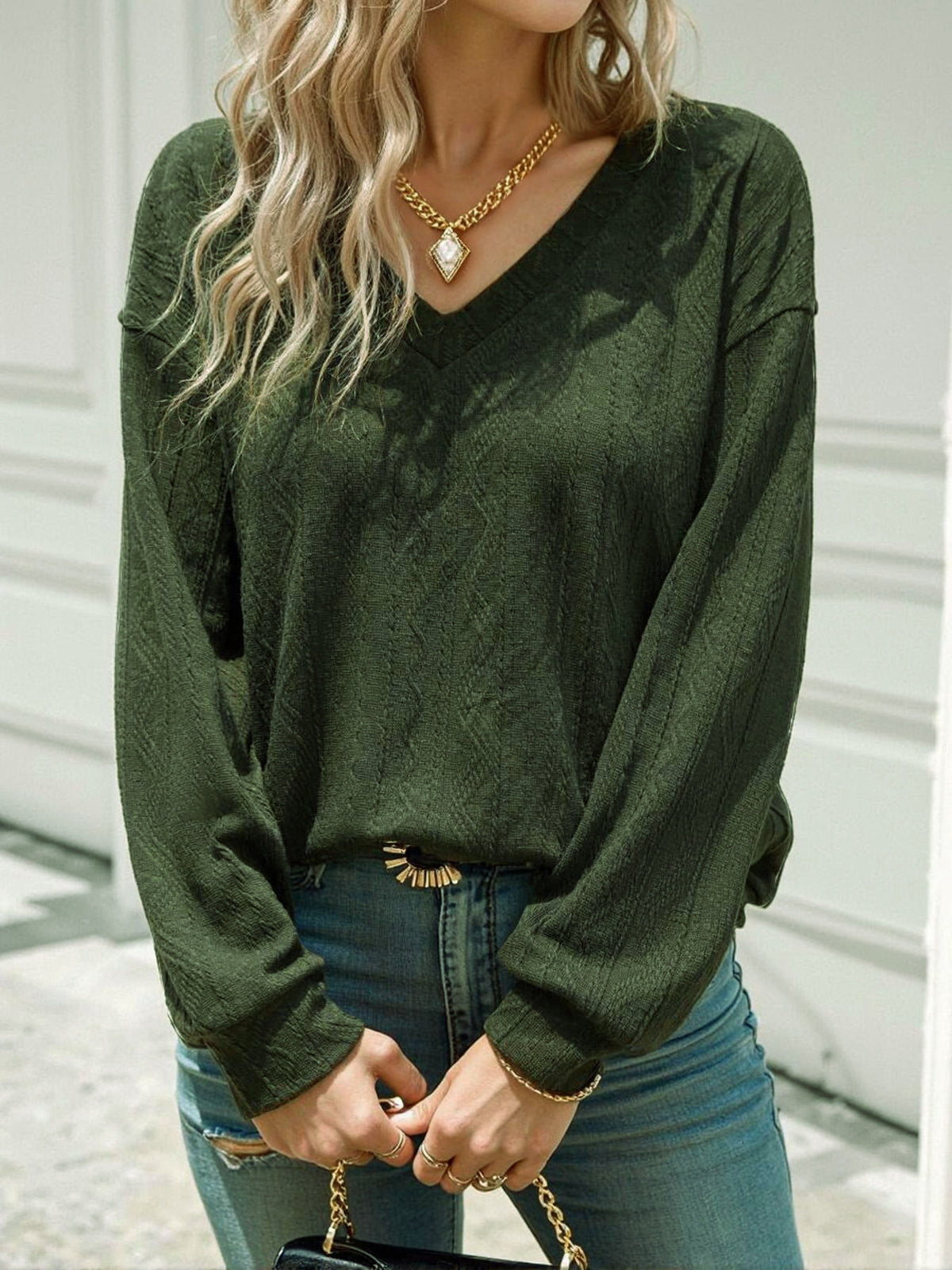 Autumn Cross-Border Wholesale Fabric Drop-Shoulder Casual Long-Sleeve V-Neck Plus-Size Women's Retro Style Casual Versatile Jacquard