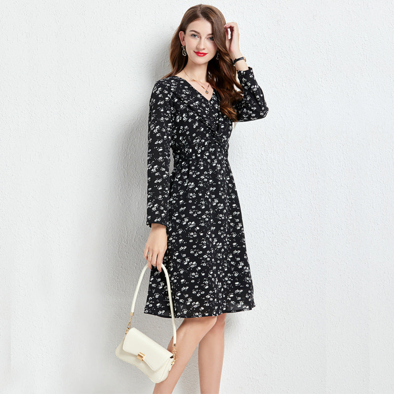 Spring and Autumn New Style V Neck Floral Large Size Black Dress Fashionable Large Swing Slimming Ol Easiest for Match Chiffon Skirt