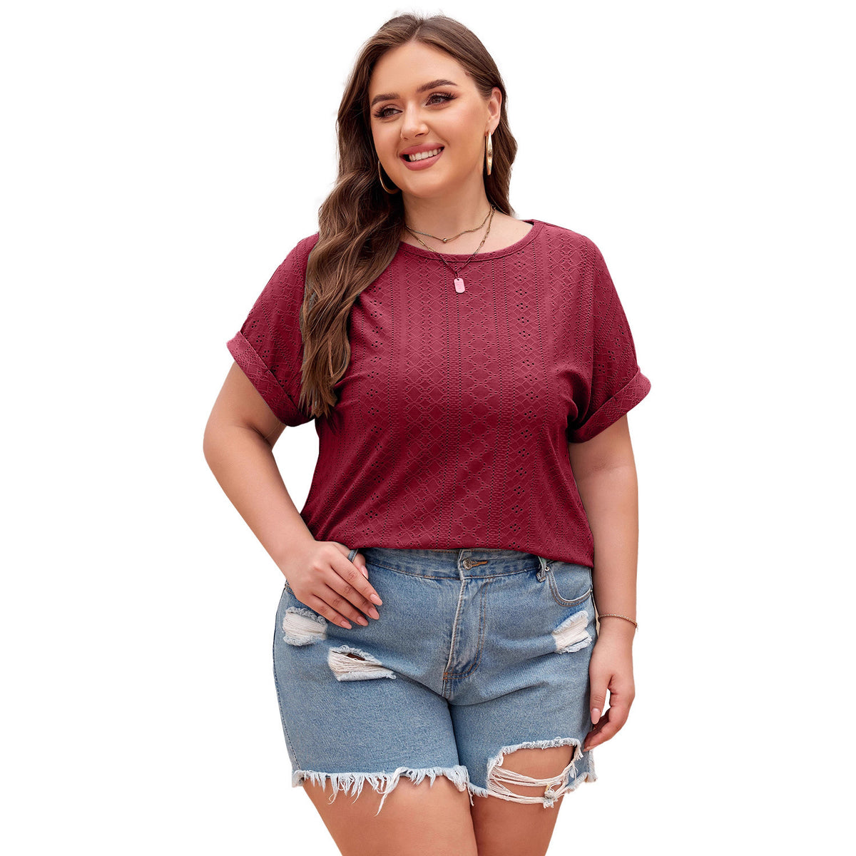Shiying Pure Color Large Size Casual T-Shirt Women's Jacquard Knitwear Textured Pullover Cross-Border Women's New Style