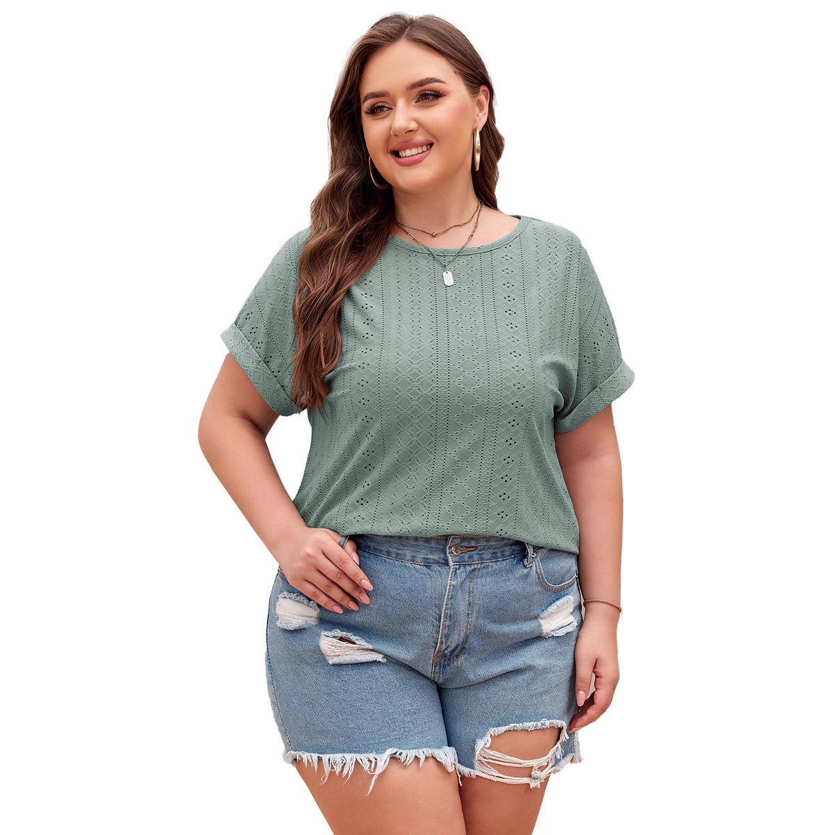 Shiying Pure Color Large Size Casual T-Shirt Women's Jacquard Knitwear Textured Pullover Cross-Border Women's New Style