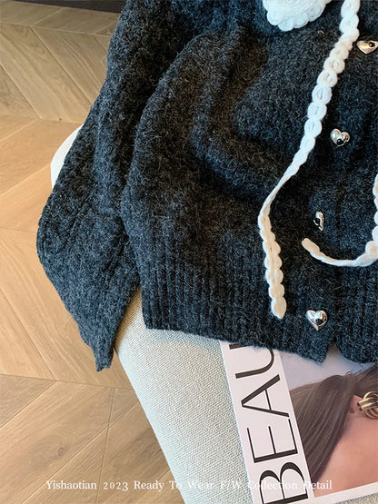 French Peter Pan Collar Luxury Cardigans Lace Up Slim Chic Women's New Knitwear 2023 Autumn Winter Streetwear Japanese Fashion