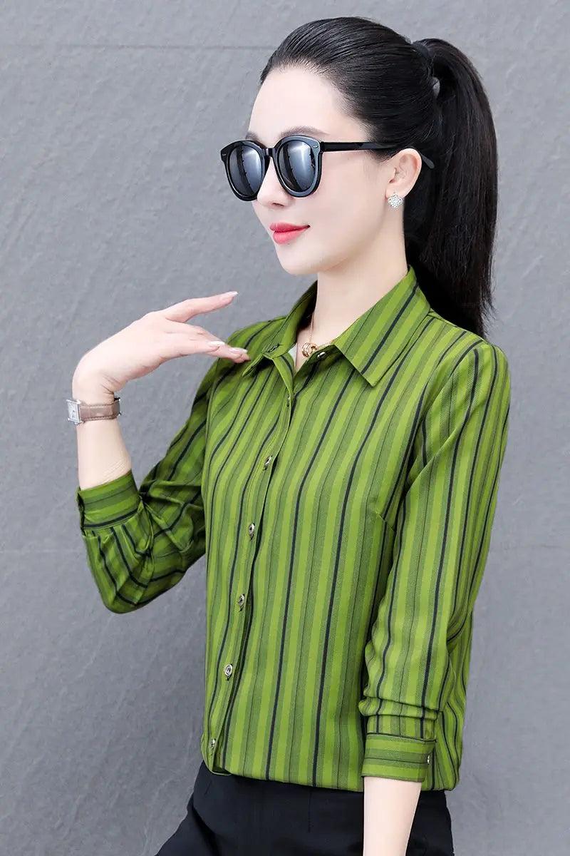 Stripe Long Sleeve Blouse for Women | Spring Autumn Fashion Shirt | Versatile Mother-Style NZ | Strylez Virtual Try-On