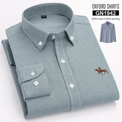 Casual Pure Cotton Oxford Mens Shirts Long Sleeve Embroidery Horse Design Regular Fit Fashion Button Man White Dress Shirt