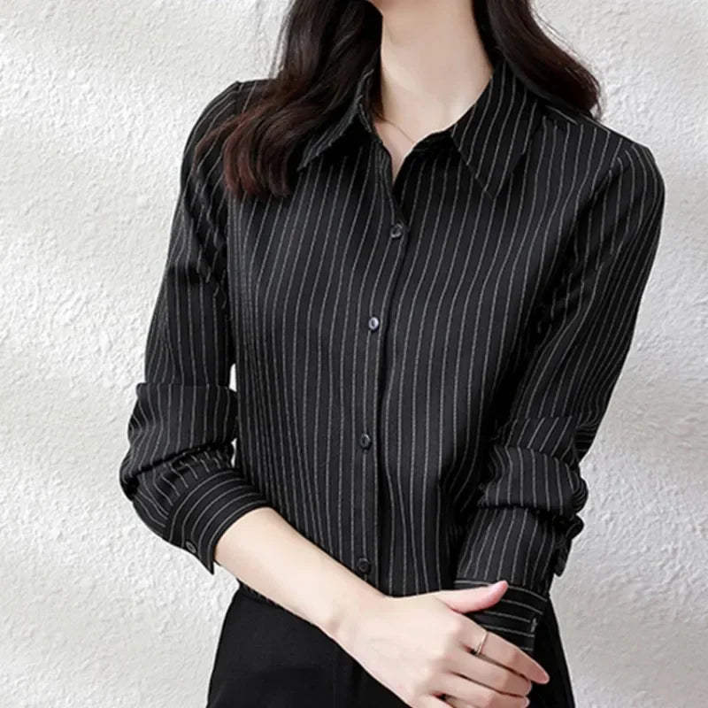 Striped Women Shirt - Korean Fashion Long Sleeve Blouse, Button Up Top OL Chiffon - New Zealand | Strylez Try-On