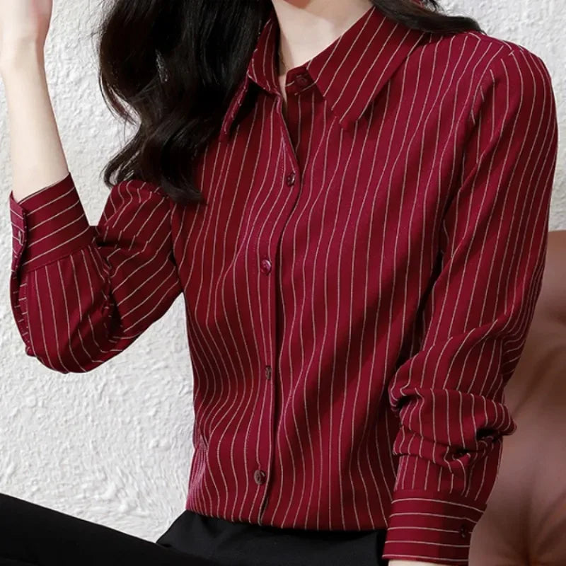 Striped Women Shirt - Korean Fashion Long Sleeve Blouse, Button Up Top OL Chiffon - New Zealand | Strylez Try-On