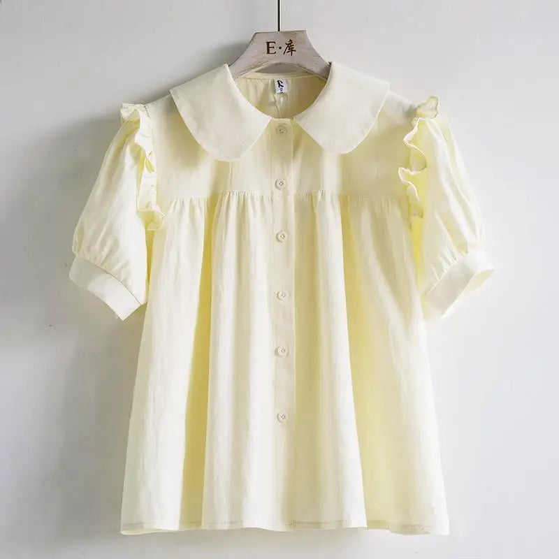 Blue Peter Pan Collar Loose Blouse - Short Sleeve, Single Breasted Women’s Shirt, Korean Fashion Tops 2024 Spring NZ | Strylez Virtual Try-On