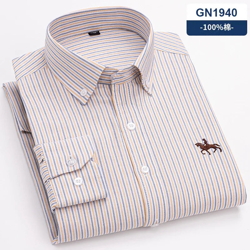 Quality 100% Cotton Oxford Shirt Men's Long Sleeve Embroidered Horse Casual Without Pocket Solid Yellow Dress Shirts Men 5XL 6XL