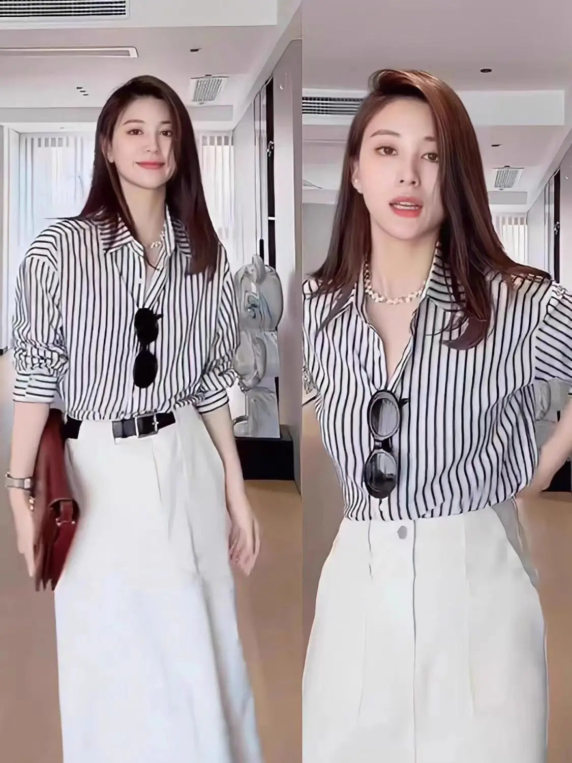Black Striped Blouse for Women | Spring Casual Long Sleeve Top, Office/Workwear Shirt New Zealand | Strylez Virtual Try-On