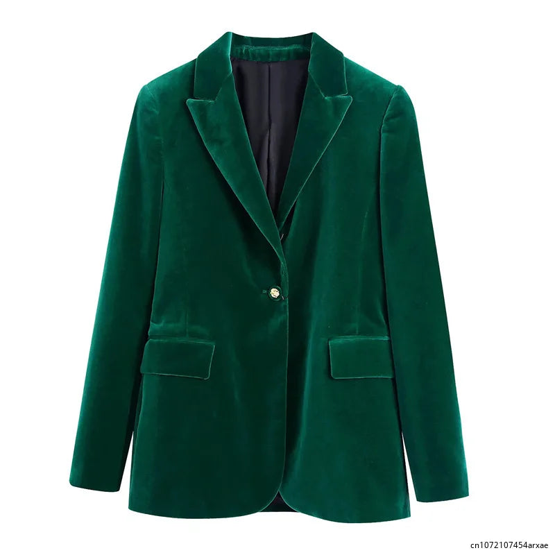 Elegant Green Chic Vintage Style Velvet Blazer - try on virtually!