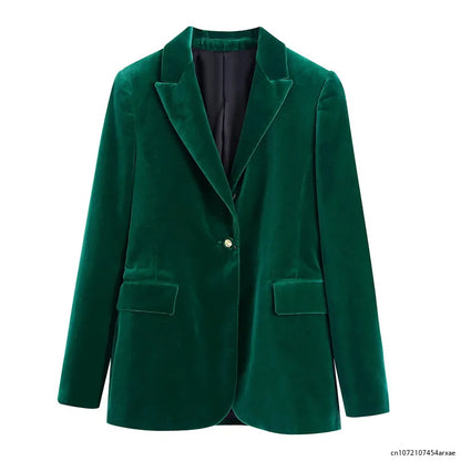 Elegant Green Chic Vintage Style Velvet Blazer - try on virtually!