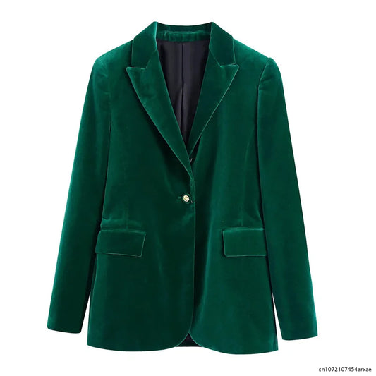 Elegant Green Chic Vintage Style Velvet Blazer - try on virtually!