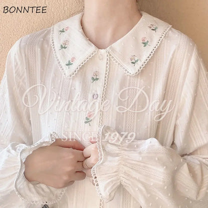 Peter Pan Collar Shirts Women Long Sleeves White Girls Vintage Floral Spring Tops Schoolgirls Kawaii Basic Ins Chic New Arrivals