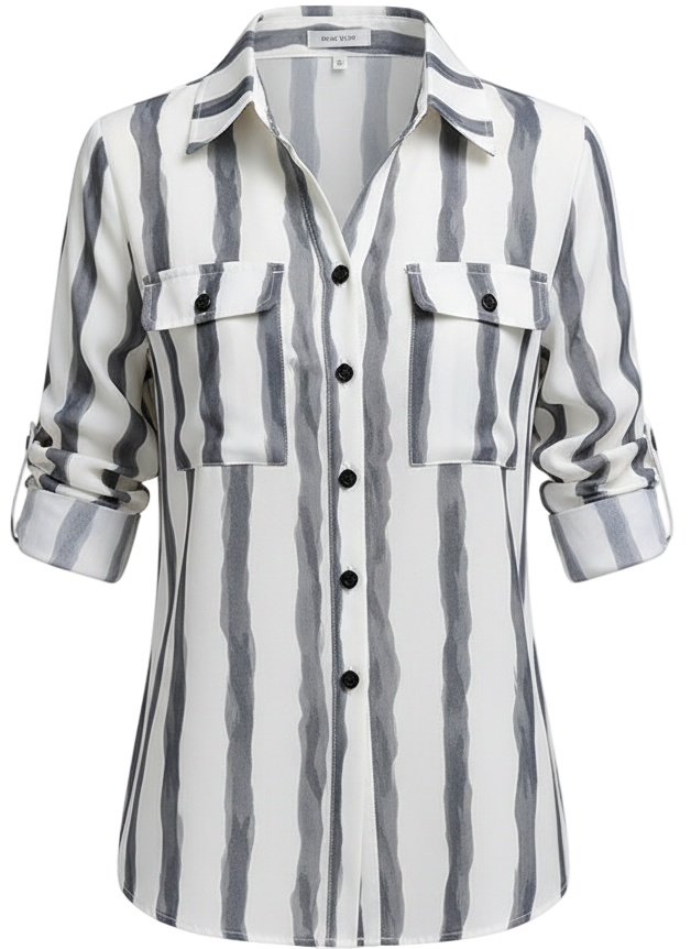 Women's Minimalist Striped Blouse - Elegant Chic Lapel Office Shirt, Long Sleeve | NZ Business Casual Top | Strylez Virtual Try-On