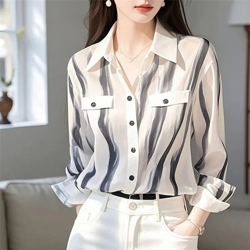 Women's Minimalist Style Striped Print Elegant Chic Blouse Office Lady Lapel Business Casual Shirt Spring Long Sleeve Slim Tops