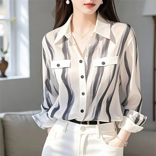 Women's Minimalist Style Striped Print Elegant Chic Blouse Office Lady Lapel Business Casual Shirt Spring Long Sleeve Slim Tops
