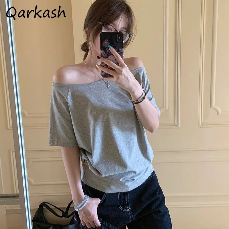 Women T-Shirts Off-Shoulder Short Sleeve Solid Summer Chic Loose Casual Tops - Korean Street Trend NZ | Strylez App Try-On
