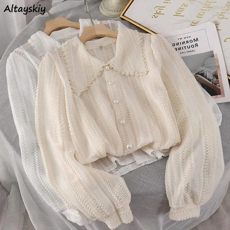 Women Peter Pan Collar Hollow-Out Shirt - Solid Elegant Top, French Style, New Zealand, Strylez Virtual Try-On
