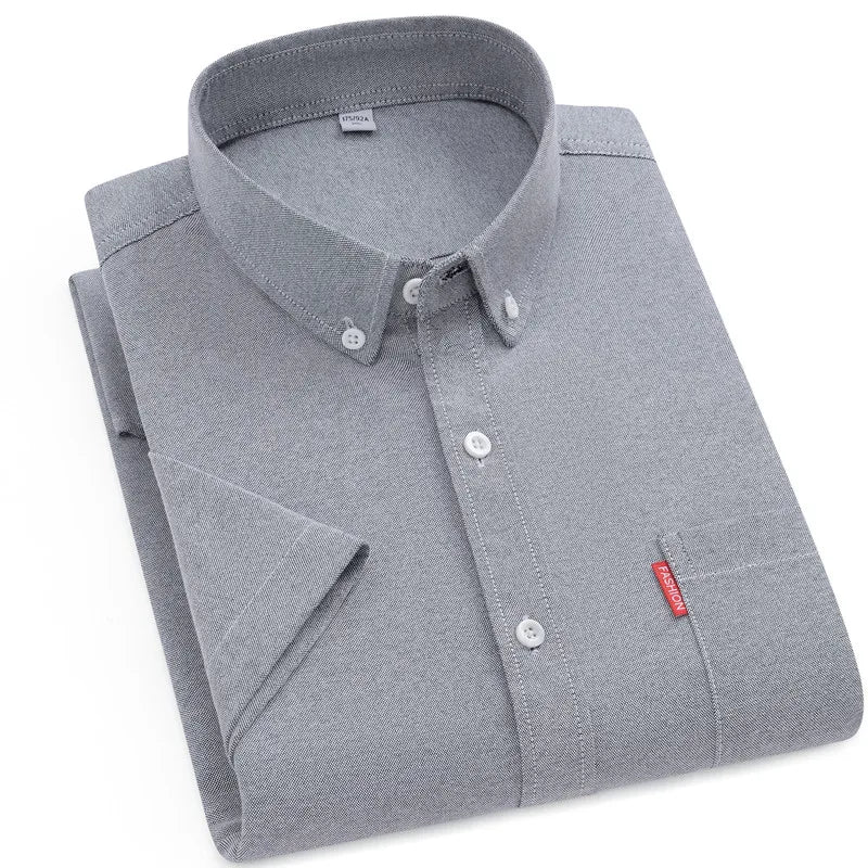 2025 New Men's Oxford Shirts Luxury Short Sleeve Summer Casual 100% Cotton High Quality Solid Color Business Social Yellow Tops