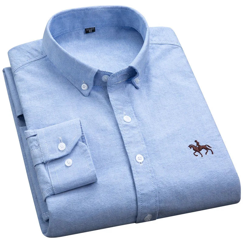 Quality 100% Cotton Oxford Shirt Men's Long Sleeve Embroidered Horse Casual Without Pocket Solid Yellow Dress Shirts Men 5XL 6XL