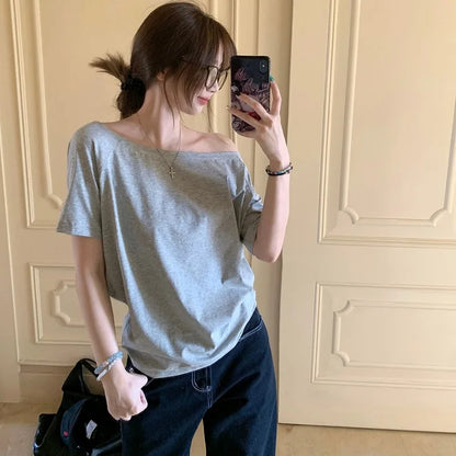 T-shirts Women Niche Design Off Shoulder Solid Short Sleeve Summer Chic Loose Casual Daily Simple Sexy Korean Trendy Street Tops