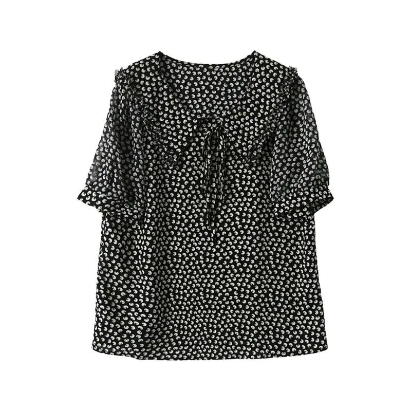 Fashion Peter Pan Collar Ruffles Lace Up Bow Printed Blouse Women's Clothing 2023 Summer New Casual Pullovers Short Sleeve Shirt