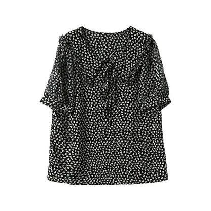 Fashion Peter Pan Collar Ruffles Lace Up Bow Printed Blouse Women's Clothing 2023 Summer New Casual Pullovers Short Sleeve Shirt