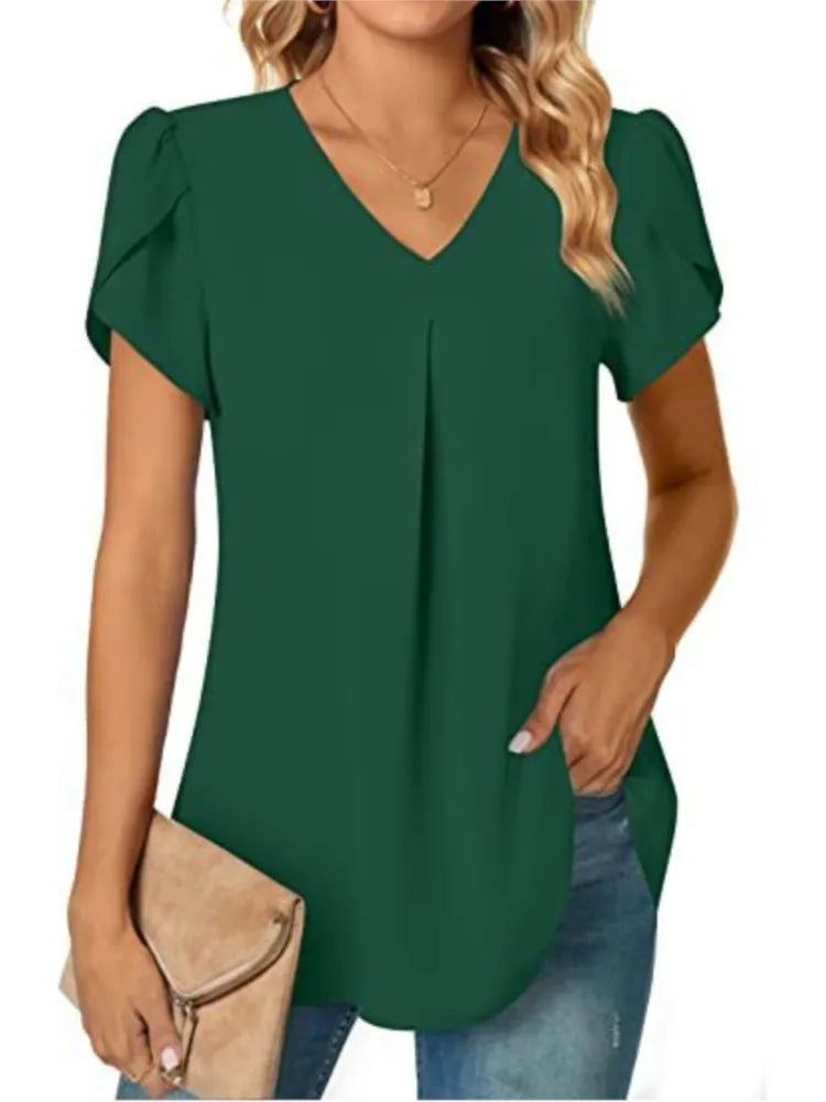 Elegant Women's Top Blouse 2024 Summer Flower – Short Sleeve V-Neck Office/Work, Commuter Shirt S-XXL | NZ | Strylez Virtual Try-On