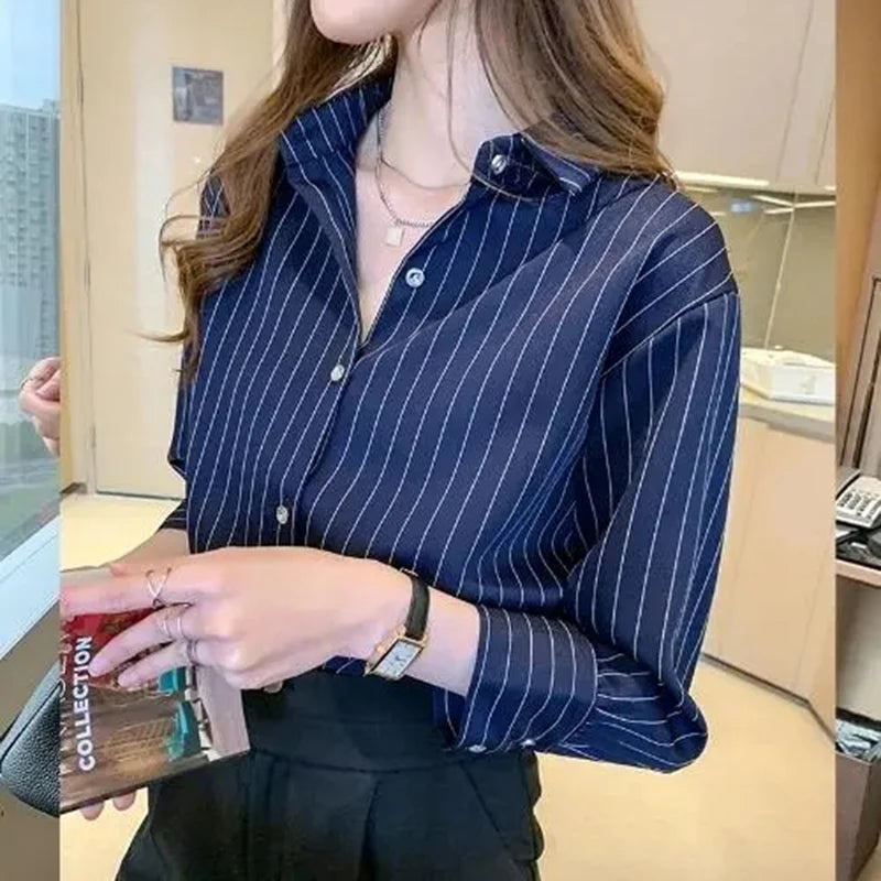 Striped Shirt Women Summer Vintage Chic Loose Long Sleeve Top - Y2K Office Casual Blouse | New Zealand | Strylez Virtual Try-On