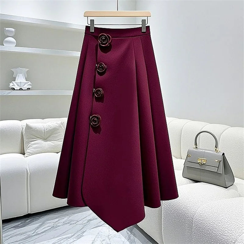Vintage-Inspired High-Waisted Pleated A-Line Midi Skirt with 3D Flowers – New Zealand | Strylez Virtual Try-On