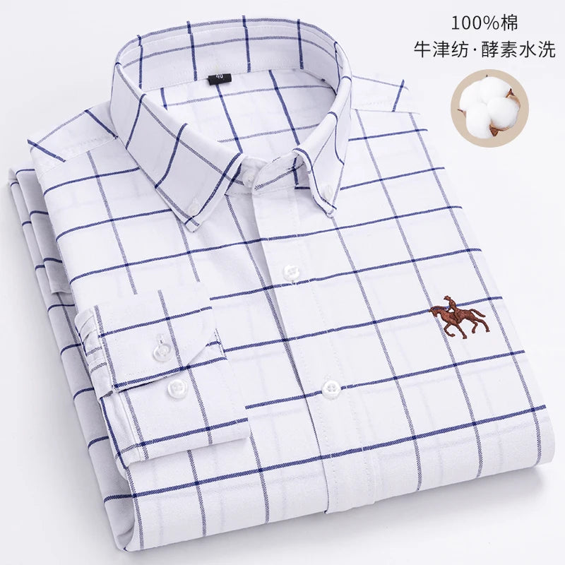 Fashion Strip 100% Oxford Embroidered Horse Casual Without Pocket Solid Plaid Shirts Men's Long Sleeve Dress Shirt Men Plus Size