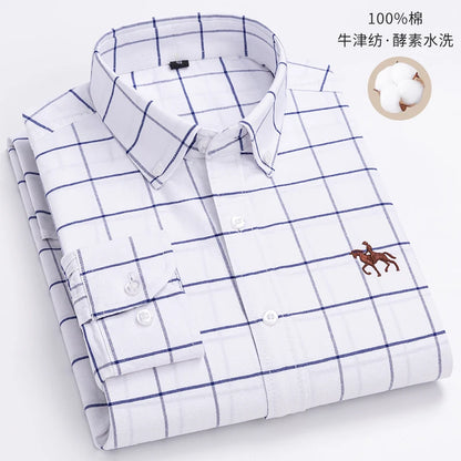 Fashion Strip 100% Oxford Embroidered Horse Casual Without Pocket Solid Plaid Shirts Men's Long Sleeve Dress Shirt Men Plus Size