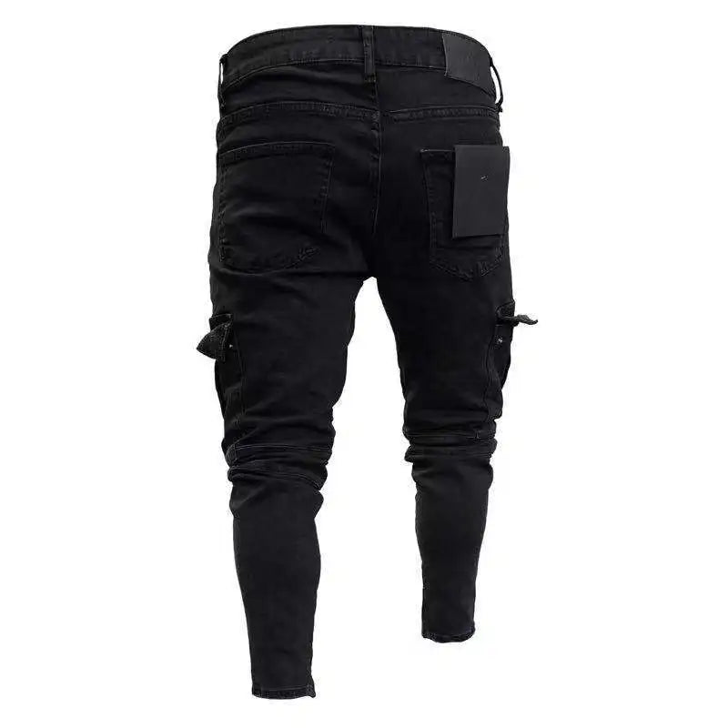 Black Stretch Cargo Jeans with Big Side Pockets – Elastic Joggers for Streetwear