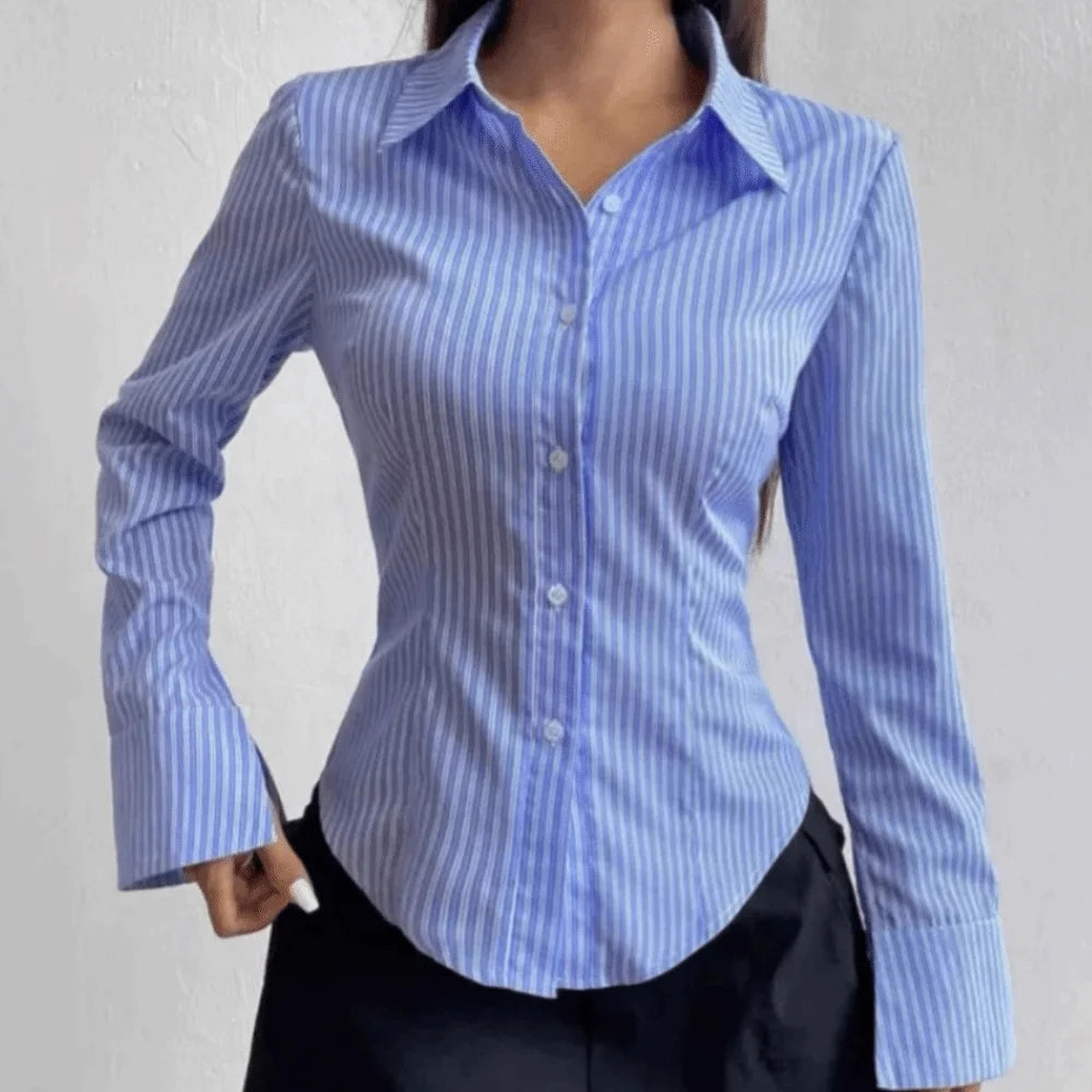 Casual Classic Striped Long-Sleeve Blouse, Single-Breasted V-Neck Shirt for Women | New Zealand | Strylez Virtual Try-On