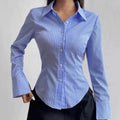 Casual Classic Striped Long-Sleeve Blouse, Single-Breasted V-Neck Shirt for Women | New Zealand | Strylez Virtual Try-On
