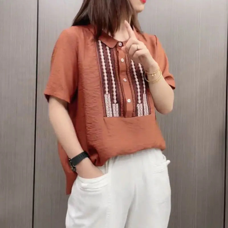 Vintage Peter Pan Collar Blouse Casual Loose Female Clothing Stylish Printed Patchwork Button 2024 Summer New Short Sleeve Shirt