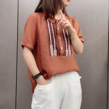 Vintage Peter Pan Collar Blouse Casual Loose Female Clothing Stylish Printed Patchwork Button 2024 Summer New Short Sleeve Shirt