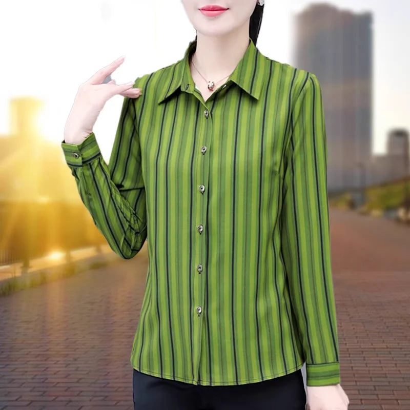 Stripe Long Sleeve Blouse Women Spring Autumn New Style Middle-aged Mother Versatile Fashion Shirt