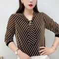 Commute Striped Spliced Silk Blouse - Long Sleeve V-Neck, Women's Fashion Top | New Zealand | Strylez Virtual Try-On