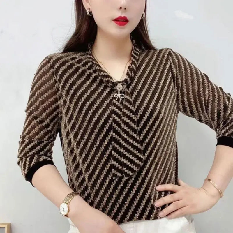 Commute Striped Spliced Silk Blouse - Long Sleeve V-Neck, Women's Fashion Top | New Zealand | Strylez Virtual Try-On