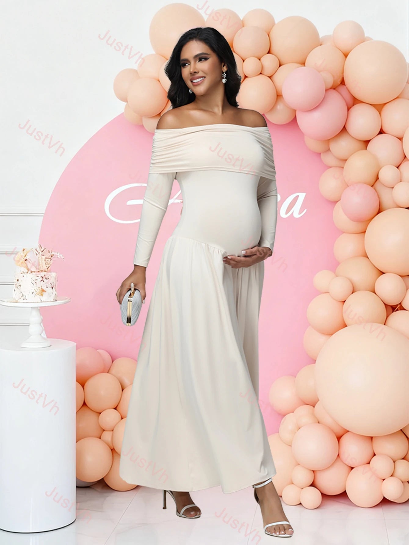 Maternity Elegant Photoshoot Dresses off Shoulder Long Sleeves Solid Pregnant Pleated Dress for Baby Shower